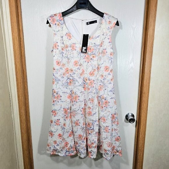 NWT LESLIE FAY Floral Dress IVORY PURPLE GREEN size 12 Lace Overlay Sleeveless - Picture 2 of 7